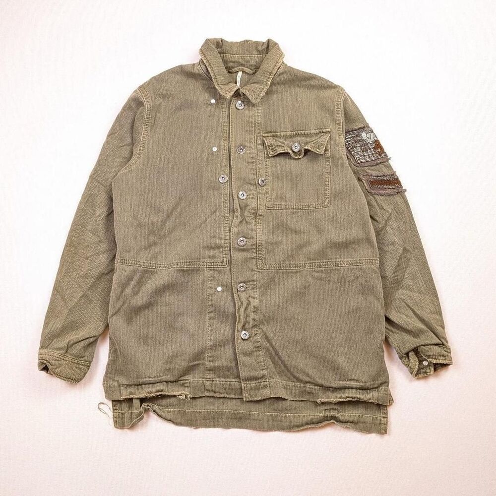 Free People Embellished Ladies Military Shirt Jacket Size XS Green